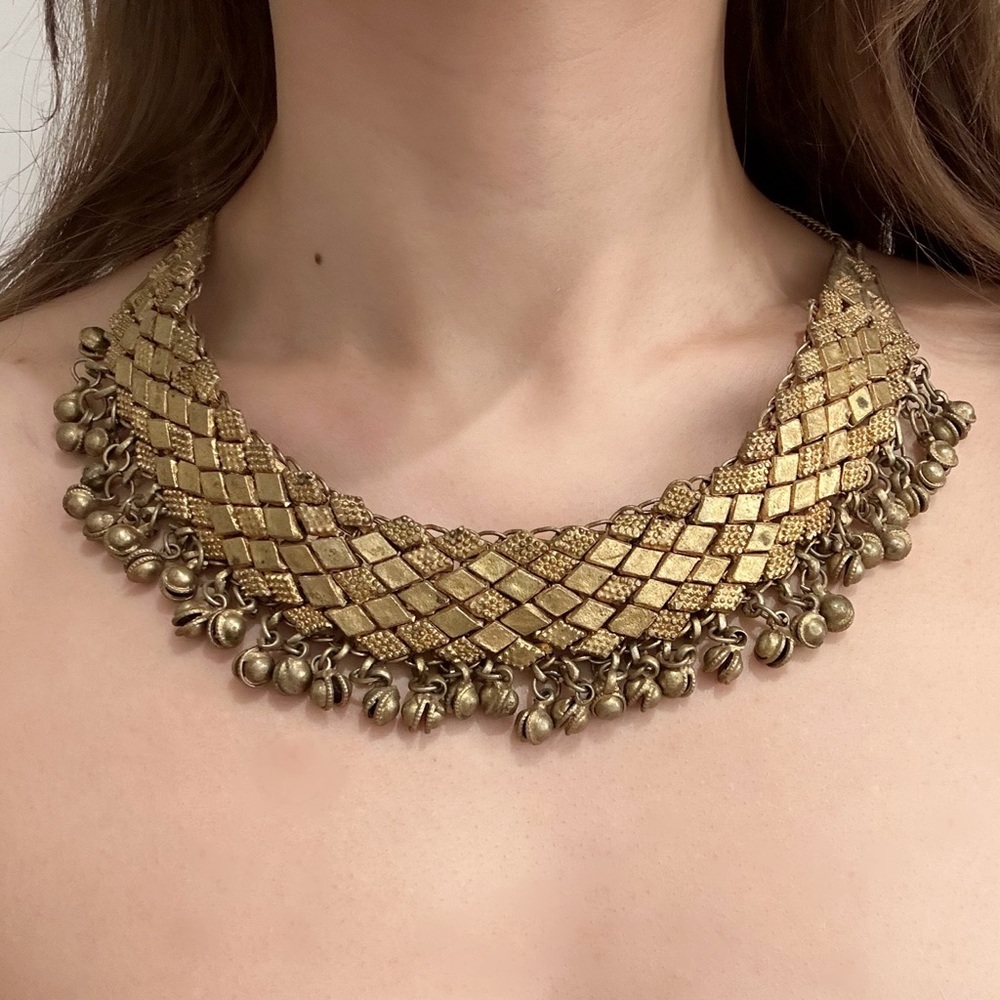 Vintage Antique Ornamental Gold Bell Necklace with Weave Pattern